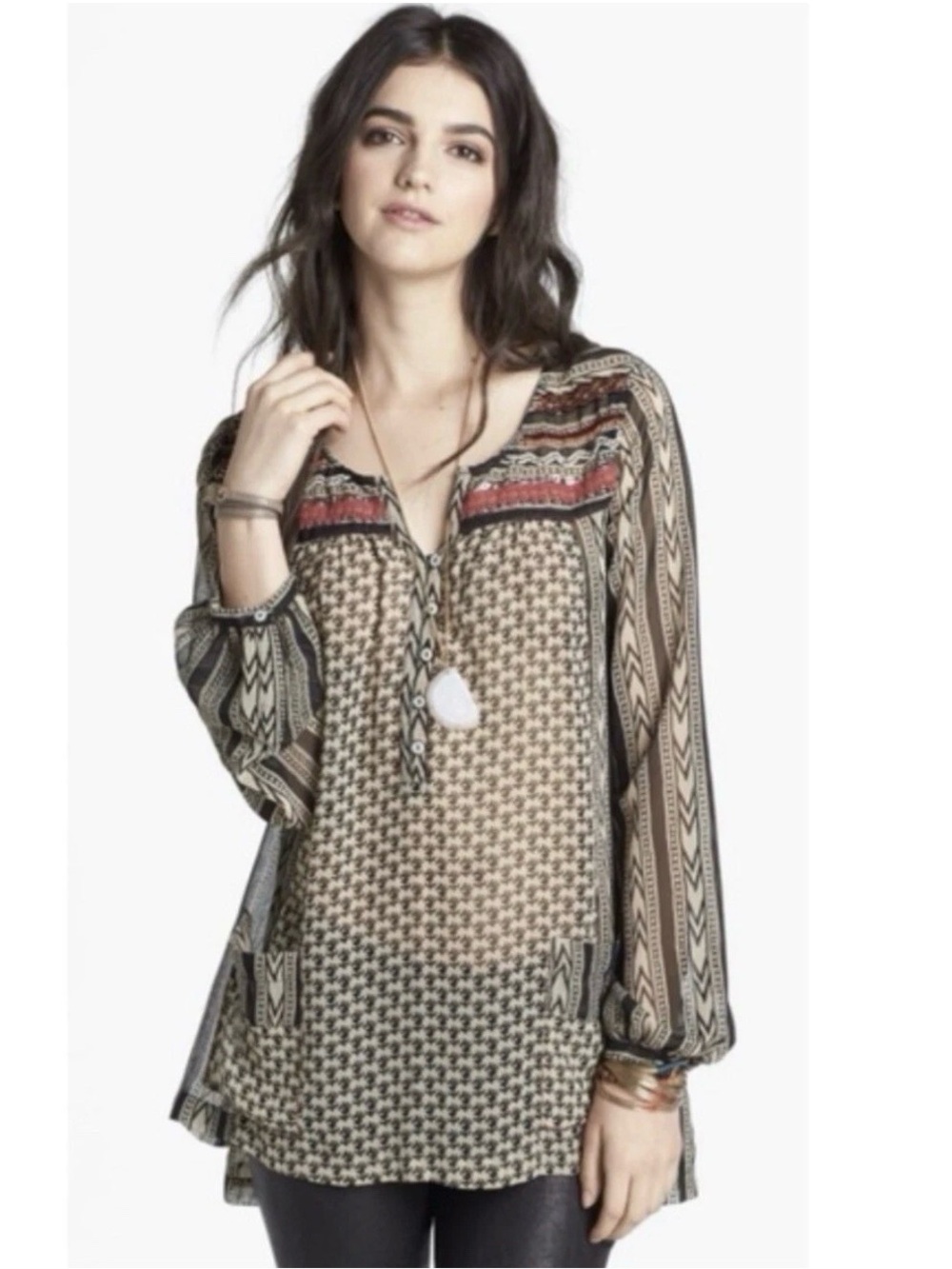 Free People Women Feather In The Wind Tribal Print Sheer Blouse Small Boho Flowy